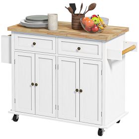 HOMCOM Kitchen Island Cart, White, Rubberwood Top, Spice/Towel Rack, Storage Drawers, Rolling Dining Room Storage