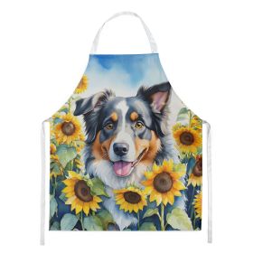 Australian Shepherd in Sunflowers Apron Cooking Kitchen Server Baking Crafts Gardening for Adult Women Men, Unisex, Large, Multicolor