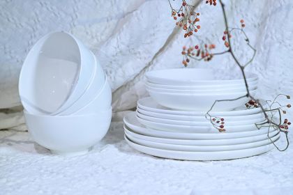 Lily Bone China Dinnerware Set, 16 Pieces, Service For 4, White Plates, Dishes, Bowls Set, Microwave And Dishwasher Safe (Color: White)