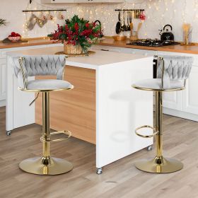 Set of 2 Velvet Bar Stools, Counter Height Stools with Low Back, Gold Swivel Bar Chairs for Kitchen Island, Bar (Color: Light Gray)